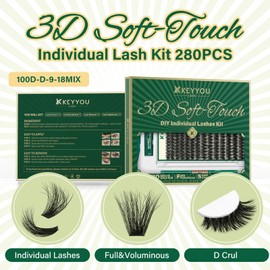 KEYYOU Lash Clusters Kit 3D Effect Eyelash Clusters Kit 280pcs 100D D Curl 9-18MIX Individual Lashes Wispy Lashes Volume Cluster Lashes Kit Natural Soft DIY Lash Extension(3D Kit-100D-D-9-18MIX)
