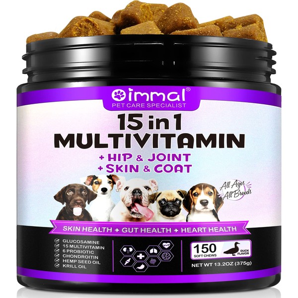 15 in 1 Dog Multivitamin, Dog Vitamins and Supplements, 150 Chews Glucosamine Chondroitin for Joint Support for Skin, Gut & Immune Health, Mobility, for All Breeds and Ages Dogs