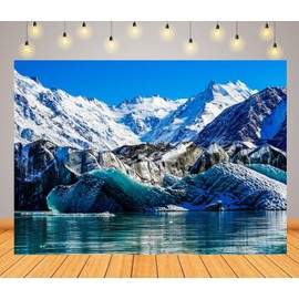 Loccor 9x6ft Fabric Snowy Mountain Lake Backdrop Turquoise Glacier Glacier Terminal Lake New Zealand National Park Scenery Background Winter Travel Party Decorations Photo Studio Props
