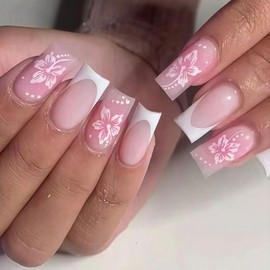 French Press on Nails Long Square Fake Nail with Hawaii Flower Designs White French Tip Press on False Nail Fall Glue on Nails Medium Length Coffin Artificial Stick on Nails for Women 24PCS