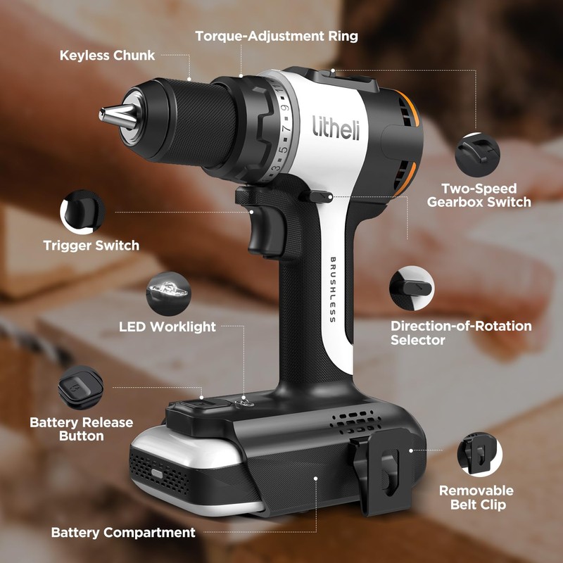 Litheli 20V Cordless Drill Driver, Brushless Power Drill with 2
