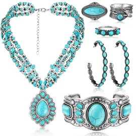 Ecally Bohemian Western Jewelry Turquoise Set Women Bohemian Pendant Long Choker Layered Bracelets Earrings Ring for Women(Rustic,Turquoise)