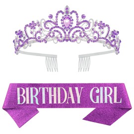 Birthday Crown Sash Birthday Queen Crown Birthday Women Girls Birthday Queen Sash Rhinestone Tiara Set for Happy Birthday Party Accessories Decorations Purple