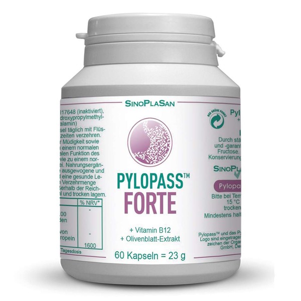 Pylopass Forte 200 mg with Vitamin B12 and Olive Leaf Extract, 60 Capsules, Best Quality, High Dosage, Vegan, Lactose-Free, Gluten-Free, Suitable for Diabetics