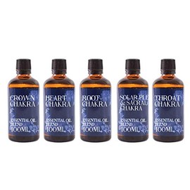 Mystix London | Chakra Essential Oil Blend Gift Pack 5x100ml | Crown Third Eye, Heart, Root, Sacral Solar Plexus, Throat Chakra | Perfect as a Gift