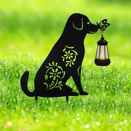 Solar Lights Outdoor Garden Decor - Metal Dog Holding Lantern Stake, Waterproof Solar-Powered Pathway Light for Yard, Pathway, Lawn, Patio - Unique Gift for Dog Lovers Halloween Christmas Garden Decor