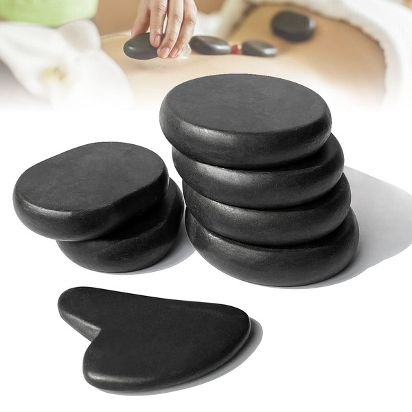 HDYAR Hot Stones for Massage-6 Large Essential Basalt Massage Stones Set (3.15in) with 1 Gua Sha Facial Tools, Massage Tools for Professional or Home SPA, Relaxing, Healing, Pain Relief