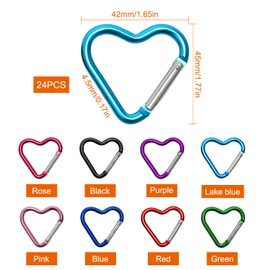 Pack of 24 Carabiner Heart, Aluminium Carabiner Keyring, Colourful Mini Carabiner Small Keyring for Camping, Fishing, Mountains, Climbing, Hiking, Travel
