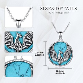JBAERD Phoenix Necklace 925 Sterling Silver Turquoise Rising Phoenix Pendant Vintage Animal Charm Jewelry Gifts for Women