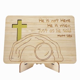 Della Stella He is Risen Easter Wooden Card With Display Stand,Christian Wood Religious Easter cards for Kids, Family, Her, and Him,Wife or Husband