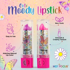 Hot Focus Toddler Makeup Kit - Girls Makeup Kit with Mood Change Lipsticks and Colorful Eyeshadow Palette - Kid-Friendly, Washable Little Girl Makeup & Pretend Play Set (Applicator Included)