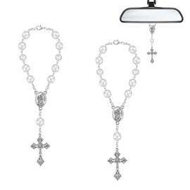 OHYER Autorosenkranz holzkreuz jesus christus Silberprägung Autozubehör zum Aufhängen Autoinnenausstattung für Autospiegel Rückspiegel Anhänger für Rückspiegelschutz und Dekoration (2)