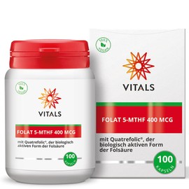 Vitals Folate 5-MTHF - 400mcg Folic Acid with Quatrefolic, 100 Capsules. For Pregnancy, Vegan.