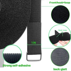 32Ftx1In Hook and Loop Cable Straps with 50 Metal Buckles, Adjustable Fastening Straps, Reusable Free Cut Length Cord, Wire Organizers for Cable Ties Roll