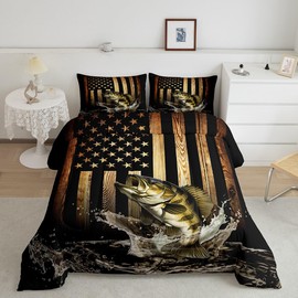 Vintage American Flag Comforter Set Queen Size,Bass Fish Bedding Set for Kids Teens Men Adult Room Decor,Fishing and Hunting Quilt Set Black Brown Rustic Farmhouse Wood Striped Duvet Insert 3Pcs