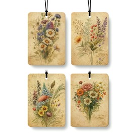 FISWAFY Vintage Floral Car Air Freshener 4 Pcs, Retro Cottagecore Wildflower Hanging Air Freshener for Cars Closet Drawer Books, Flower Car Accessories Mirror Decor for Women