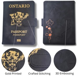 RedDeer Canada Passport Holder Wallet Premium PU Leather Travel Passport Wallet RFID Blocking Passport Cover Case Travel Documents Organizer with Pen Holder, for Women and Men (ONT- Black)