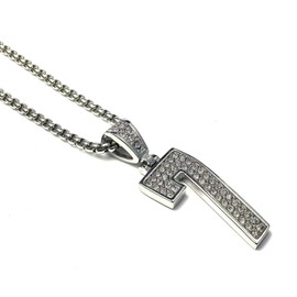 Fanshu Stainless Steel Number 7 Pendant Necklace, Titanium Iced Out Bling Seven Charm Collar Chains Sports Necklace for Men Women Couple Friends Fans Gift Fashion Jewelry Hip Hop (Steel Color)