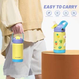 pluseight Kids Insulated Water Bottle with Straw Lid, 350ml BPA-Free Double Wall Vacuum Tumbler 18/8 Stainless Steel Leak Proof Kids Cups with Straw for School Travel Boys Girls (Yellow)