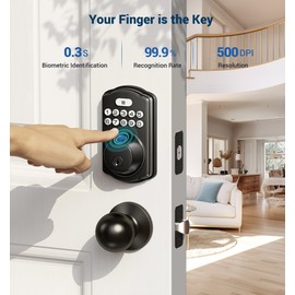 Veise Fingerprint Door Lock with 2 Door Knobs - Keyless Entry Door Lock with Handle, Electronic Keypad Deadbolt, Smart Front Door Lock Set, Auto Lock, Waterproof, Easy Installation, Matte Black