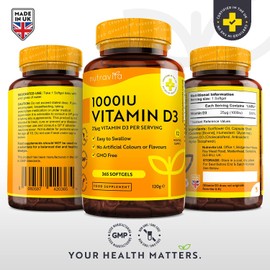 Vitamin D3 1000 IU (25μg) – 365 Softgel Capsules | 1-Year Supply | Supports Immune System, Muscle, Bone & Teeth Health | Made in the UK by Nutravita