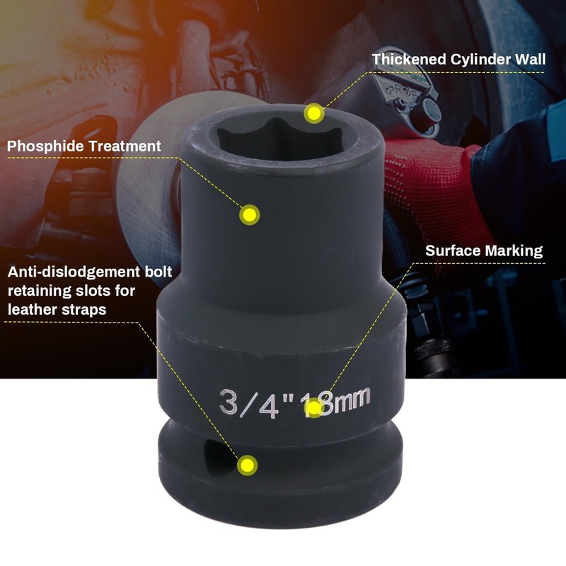 Deep 6-Point Impact Socket 3/4" Drive 18mm,Chrome Molybdenum Steel, Anti-Rust
