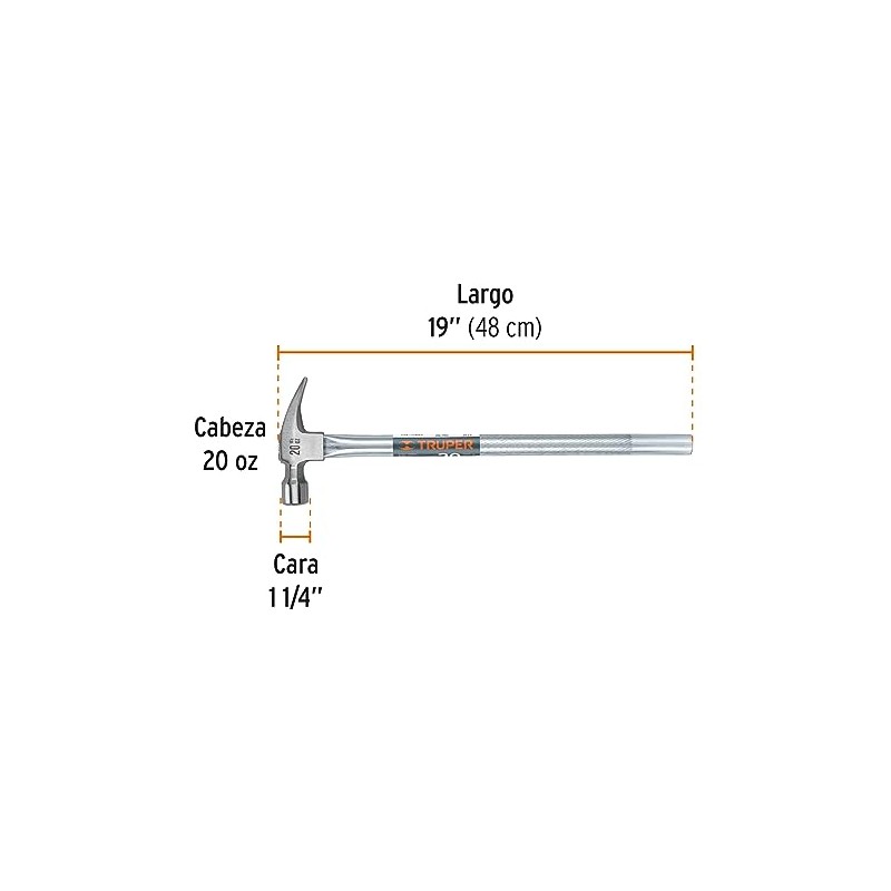 Truper MTR-20X, Martillo uña recta, mango tubular, con alojamiento, 20