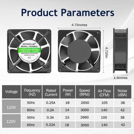 KEYFANCLUB High Speed Axial Muffin Fan 110V 120V AC 120mm x 38mm Dual Ball for DIY Cooling Ventilation Exhaust Projects