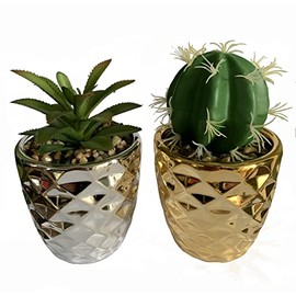 Leaf Set of Two Ceramic Planters with Artificial Succulent Plants, Silver and Gold, 15cm