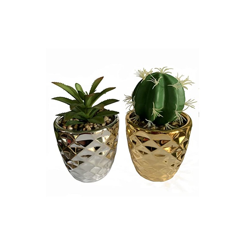 Leaf Set of Two Ceramic Planters with Artificial Succulent Plants,