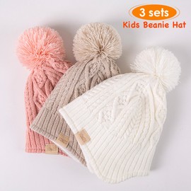 XOMZG Baby Beanie Hat, Winter Warm Knit Cap with Pom Pom for Girls, Toddler Winter Hat（0-36months） 3pcs
