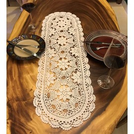 Janef Beige Handmade Crochet Cotton Table Runner Lace Doilies Doily Oval Dresser Scarves,12 by 35 Inches.