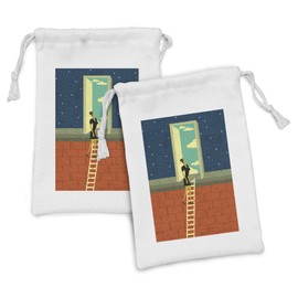Ambesonne Retro Fabric Pouch Set of 2, Young Woman Climbing the Ladder Day in the Night Surreal Artwork with Distressed Look, Small Drawstring Bag for Toiletries Masks and Favors, 9" x 6", Multicolor