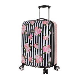 Betsey Johnson Designer 20 Inch Carry On - Expandable (ABS + PC) Hardside Luggage - Lightweight Durable Suitcase With 8-Rolling Spinner Wheels for Women (Stripe Roses)