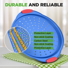 NutriChef 13-Inch Nonstick Pizza Tray - Round Carbon Steel Non-Stick Pizza Baking Pan with Perforated Holes, Premium Bakeware Pizza Screen with Silicone Grip Handles, Dishwasher Safe - Blue