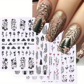 Fall Nail Art Stickers Black Flowers Heart Nail Stickers for Nail Art Thanksgiving Nail Art Design Decoration Autumn Fall Tree Leaves Self-Adhesive DIY Nail Decals for Women Nail Supplies 4PCS