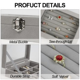 Fordonral Velvet Jewelry Organizer Box, Jewelry Drawer Organizers Trays, Earring Ring Necklace Holder Display Case (Gray, Ring Box)