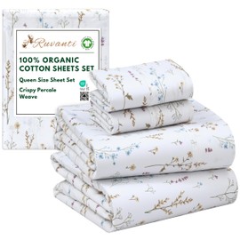 RUVANTI 100% Organic Cotton Sheets Queen Size, Percale Weave, GOTS Certified, 4-Piece Set, Deep Pocket 15", Crisp & Breathable, Soft Durable Bedding, Sábanas Algodón Orgánico – Field Flower