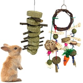 2PCS Rabbit Chew Toys, Hamster Chew Toys for Teeth, Rabbits Cage Hanging Chew Toys with Rattan Ring, Organic Apple Wood Branche/Timothy Hay Straw Cakes Pet Toys for Chinchilla Squirrel Parrot Gerbil