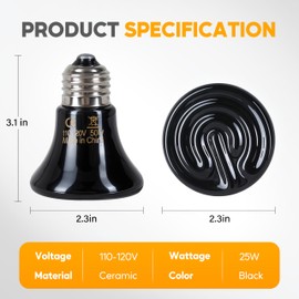 HealSmart 50W Mini Reptile Heat Lamp Ceramic Heat Emitter, No Light Emitting Heat Bulbs, Suitable for Snake/Lizard/Spider, Plant Growth and Incubating Chicken, 2-Pack