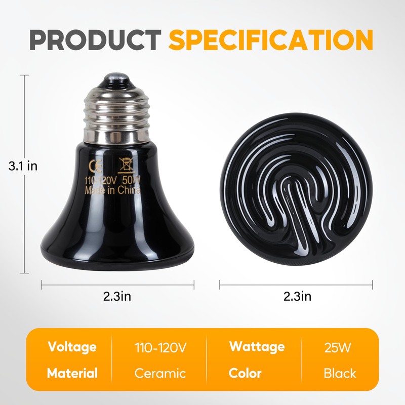 HealSmart 50W Mini Reptile Heat Lamp Ceramic Heat Emitter, No