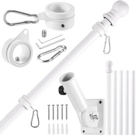 BONWIN White Flagpole Kits, 6 FT Thickened Stainless Steel House Porch Wall Flag Pole Kit for 3x5'/4x6' Flag, 1" Anti-Wrap Spinning Flag Pole Ring Clips & 180° Adjustable Multi-Position Bracket Holder