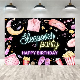 Lofaris 5x3ft Happy Birthday Backdrop Sleepover Party Background Movie Night Slumber Birthday Party Decorations Photo Studio Booth Banner Colorful Pajama Girls Pillow Fight Black Props, KQVELH0F381