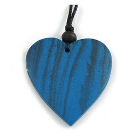 Avalaya Blue Wood Grain Heart Pendant with Black Cotton Cord - 100cm Long Max/Adjustable