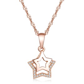 Yumilok Jewelry 925 Sterling Silver Cubic Zirconia Rose Gold Plated Double Hollow Stars Pendant Necklace for Women/Girls