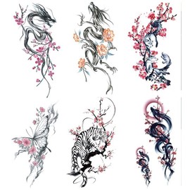 6 Blätter Temporäre Tier Tattoos Kirschblüten Tattoos Tiger Tattoo Drachen Tattoo Fake Tattoos SakuraA6
