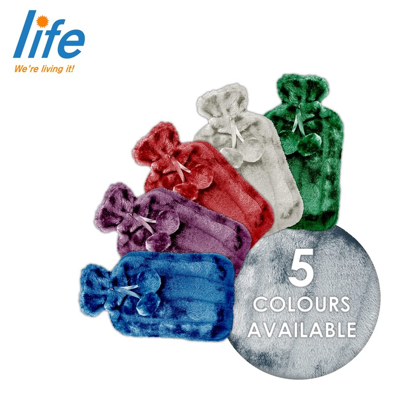 LIFE Hot Water Bottle with Fur Cover and Pom Poms