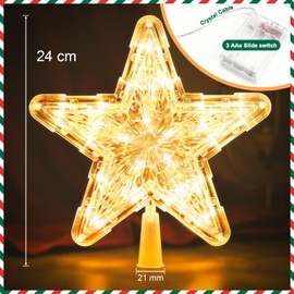 Christmas Star Tree Topper, Gold Star Light Battery Powered with Two Modes for Christmas Theme Decorations, Crystal, White Electric Tree Star