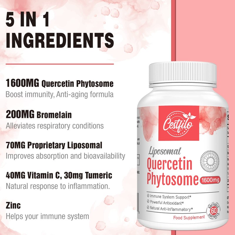 Liposomal Quercetin Phytosome 1600mg Softgels with Bromelain & Vitamin C,