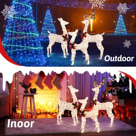Shintenchi 3-Piece LED Lighted Christmas Deer Family Outdoor Yard Decorations,3D Super Large Christmas Reindeer Decor,Outdoor Lighted Holiday Deer with 360 LED Displays for Patio,Lawn&Garden,White